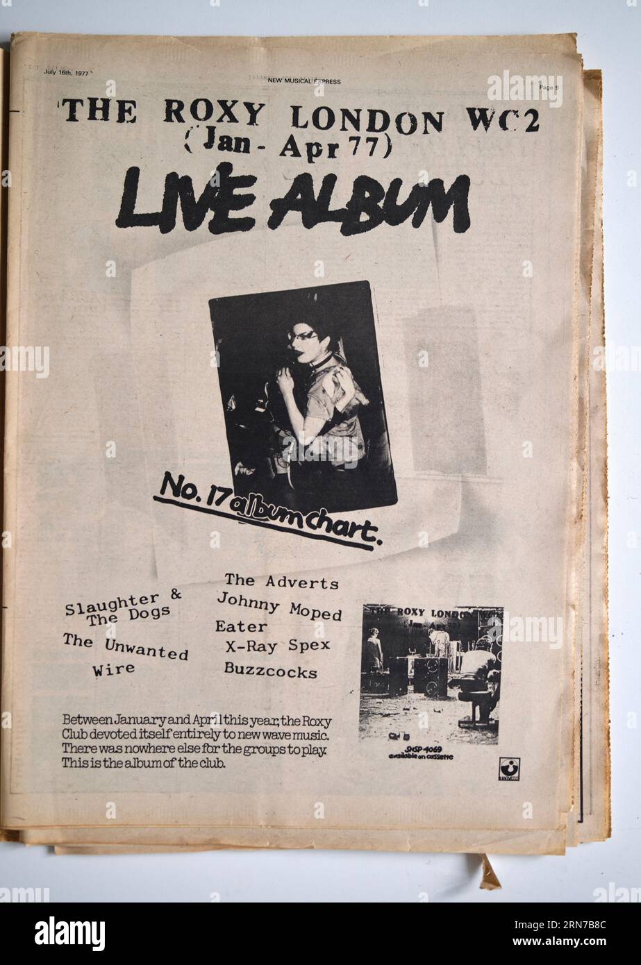 1970s punk rock music advert for The Roxy Live Album in the New Musical Express NME Magazine Stock Photo