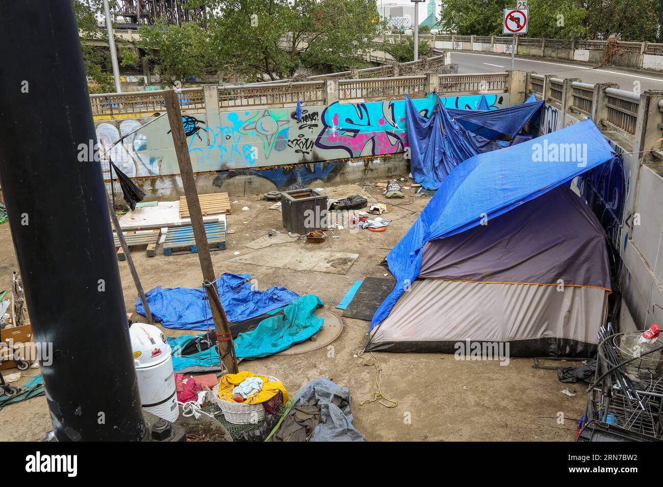 homeless encampments under a bridge in downtown Portland Oregon Stock Photo