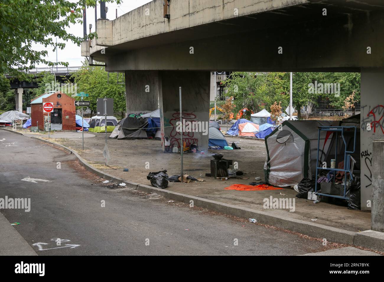 homeless encampments under a bridge in downtown Portland Oregon Stock