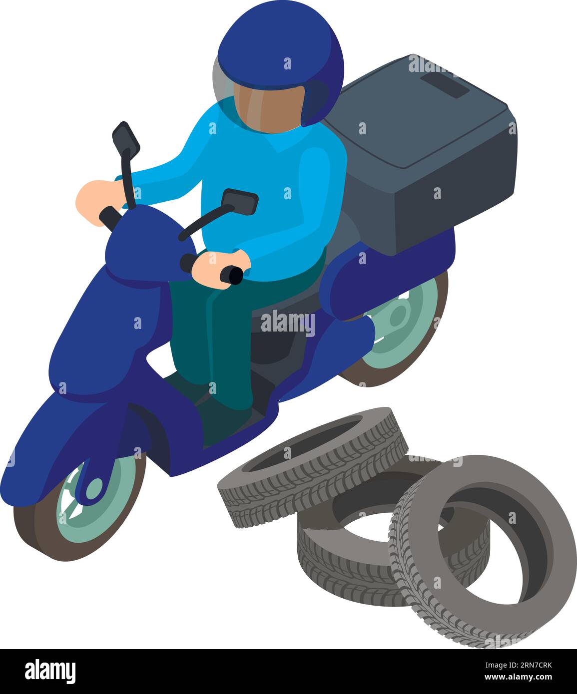 Tire delivery icon isometric vector. New auto tire and man moto