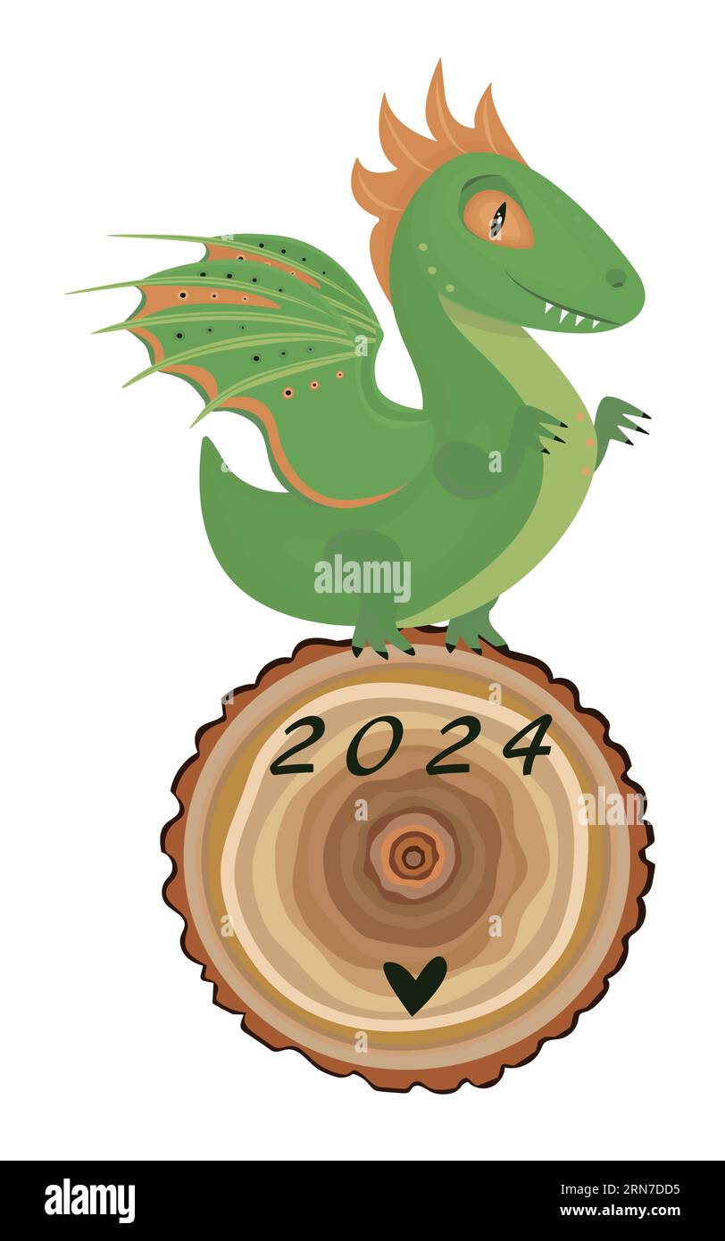 Wooden green dragon on a wooden wheel, the symbol of 2024 year Stock Vector