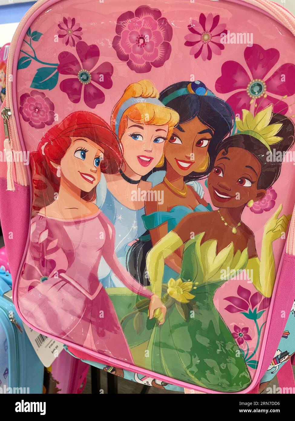 Four Disney princesses featured on a little girls, backpack, 2023, USA Stock Photo