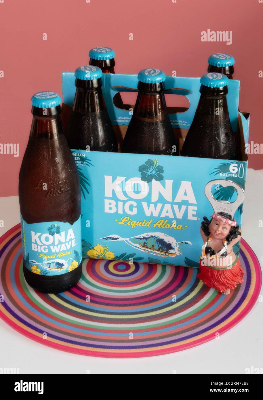 Still life of a bottle and six pack of Kona Big Wave beer, 2023, USA Stock Photo
