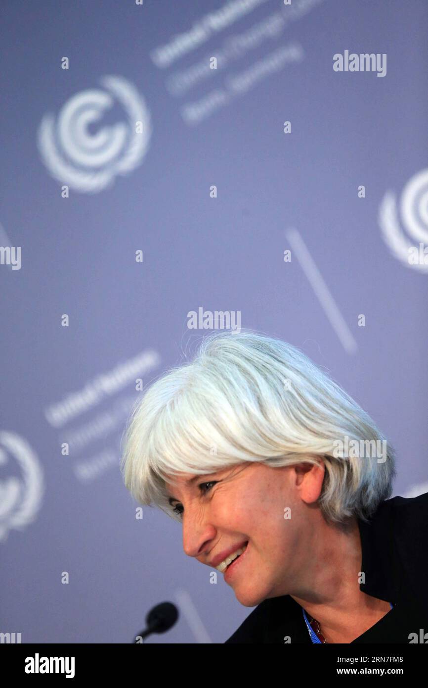 POLITIK UN-Klimakonferenz in Bonn (150904) -- BONN, Sept. 4, 2015 -- Laurence Tubiana, Special Climate Envoy for the Government of France, attends a press conference during the latest round of United Nations negotiations on climate change in Bonn, Germany, on Sept. 4, 2015. The latest round of United Nations negotiations on climate change concluded on Friday here with progress seen by developing countries as slow, posing pressures on negotiators who will come back next month to continue thrashing out a global climate deal to be signed in Paris at the end of the year. ) GERMANY-BONN-UN-CLIMATE Stock Photo