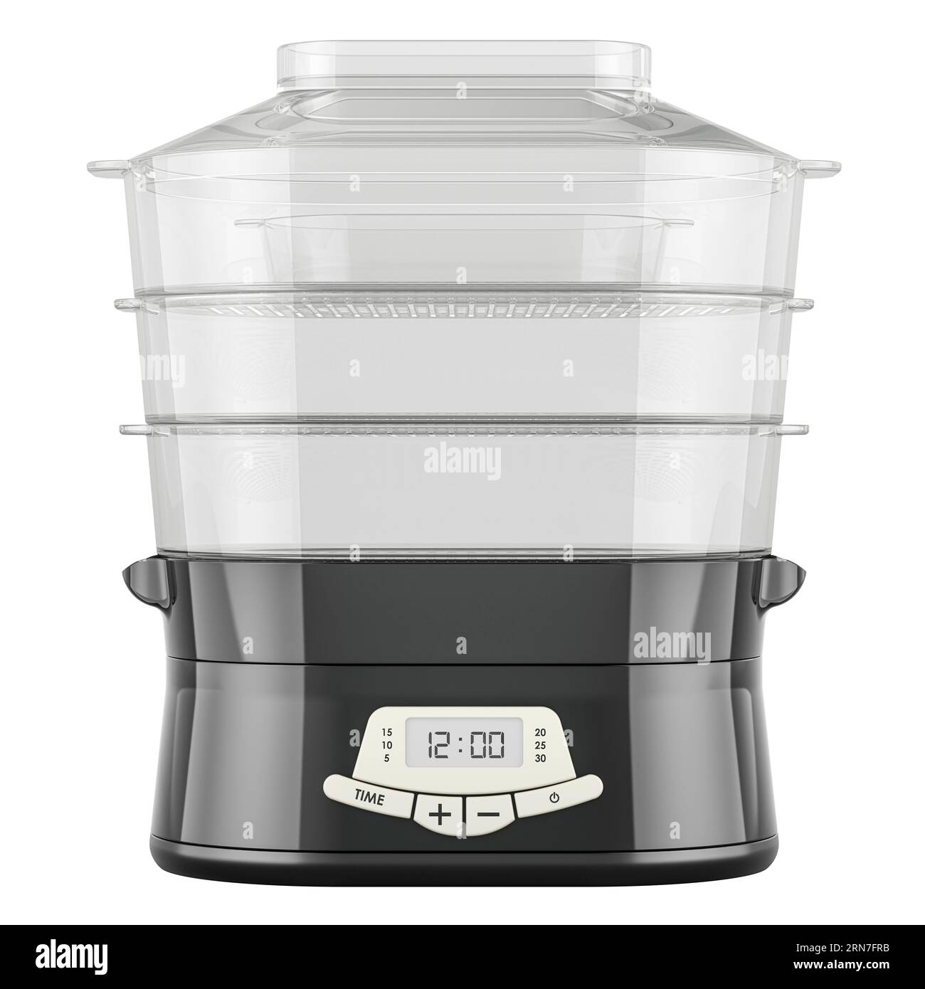 Food steamer, steam cooker. Black color, front view. 3D rendering