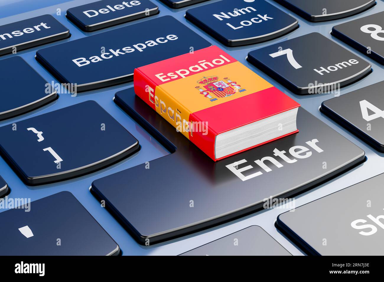 Spanish language textbook on laptop keyboard. Online courses of Spanish language, 3D rendering