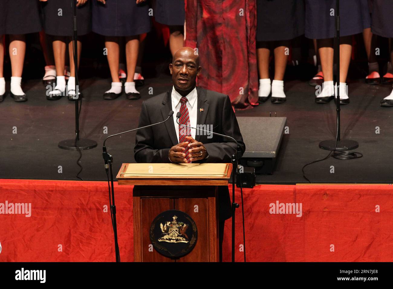 (150909) -- PORT OF SPAIN, Sept. 9, 2015 -- Trinidad and Tobago s People s National Movement (PNM) leader Keith Rowley, delivers a speech during his swearing-in ceremony as the country s new prime minister in Port of Spain, capital of Trinidad and Tobago, on Sept. 9, 2015. Trinidad and Tobago s People s National Movement (PNM) leader Keith Rowley was sworn in Wednesday as the country s new prime minister by President Anthony Carmona in a ceremony held here. ) (fnc) TRINIDAD AND TOBAGO-PORT OF SPAIN-PM-INAUGURATION GaoxXing PUBLICATIONxNOTxINxCHN   150909 Port of Spain Sept 9 2015 Trinidad and Stock Photo
