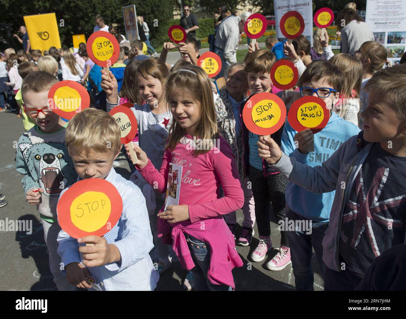 ZAGREB, Sept. 09, 2015 -- Kids participate in a traffic safety program event at Marshal Tito Square in Zagreb, capital of Croatia, Sept. 9, 2015. Local authorities and Police Department organized similar events in all major cities around Croatia to communicate important road safety messages to kids and drivers as new school year kicked-off here on Monday. ) (zjy) CROATIA-ZAGREB-ROAD SAFETY PROGRAM MisoxLisanin PUBLICATIONxNOTxINxCHN   Zagreb Sept 09 2015 Kids participate in a Traffic Safety Program Event AT Marshal Tito Square in Zagreb Capital of Croatia Sept 9 2015 Local Authorities and Poli Stock Photo