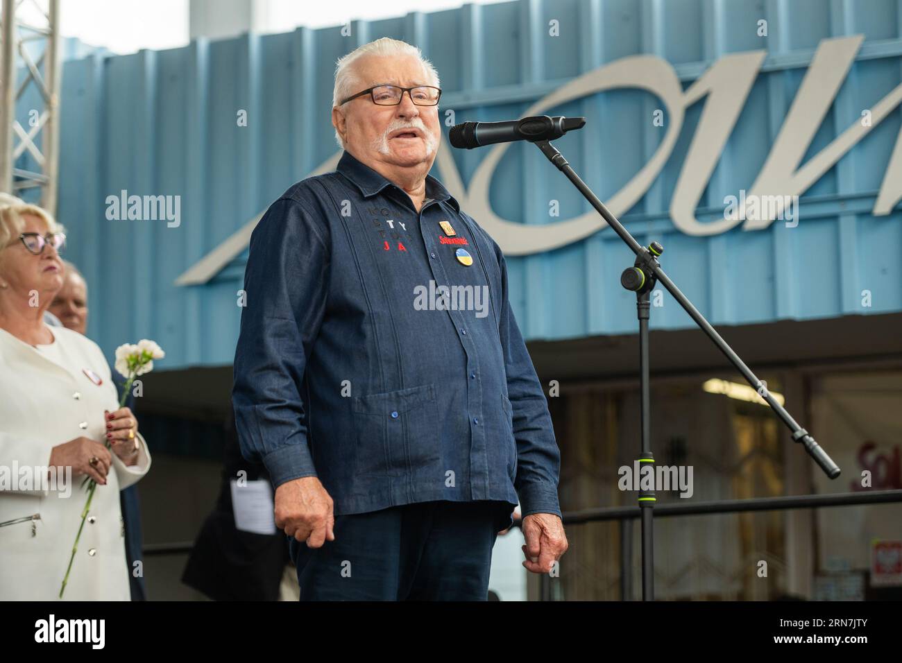 Gdansk, Poland. 31st Aug, 2023. Former President of Poland Lech Walesa seen during 43rd anniversary of August 1980 Agreements at the Solidarity Square. The Agreements were a symbolic beginning of the Solidarity Trade Union. They ended the wave of workers' strikes in 1980 and contributed to the increasing role of Lech Walesa and the fall of communism in Poland in 1989. (Photo by Mateusz Slodkowski/SOPA Images/Sipa USA) Credit: Sipa USA/Alamy Live News Stock Photo