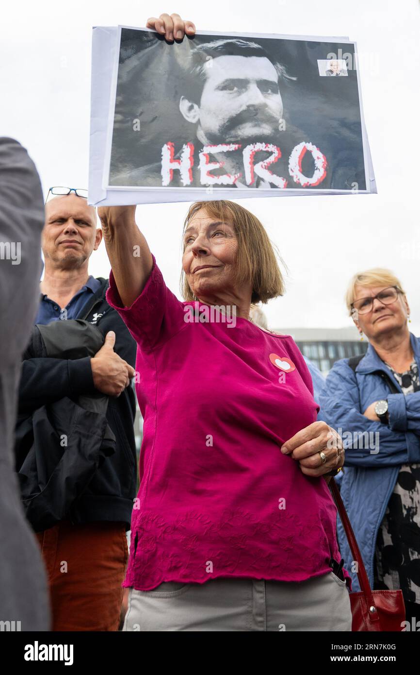 Gdansk, Poland. 31st Aug, 2023. Woman with a picture of Lech Walesa - hero seen during 43rd anniversary of August 1980 Agreements at the Solidarity Square. The Agreements were a symbolic beginning of the Solidarity Trade Union. They ended the wave of workers' strikes in 1980 and contributed to the increasing role of Lech Walesa and the fall of communism in Poland in 1989. (Photo by Mateusz Slodkowski/SOPA Images/Sipa USA) Credit: Sipa USA/Alamy Live News Stock Photo