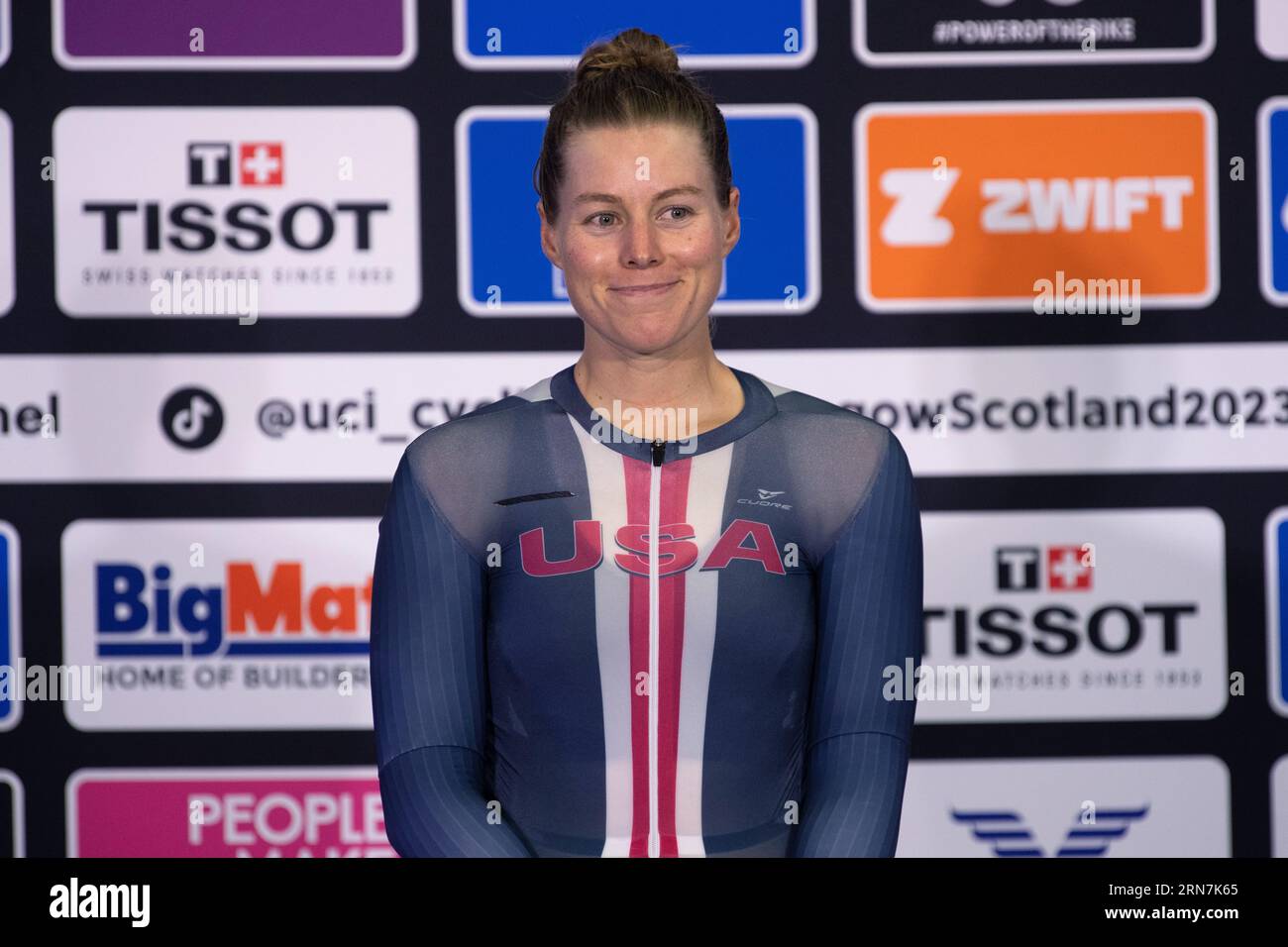 Jennifer Valente of the USA waits on the podium for her gold medal for