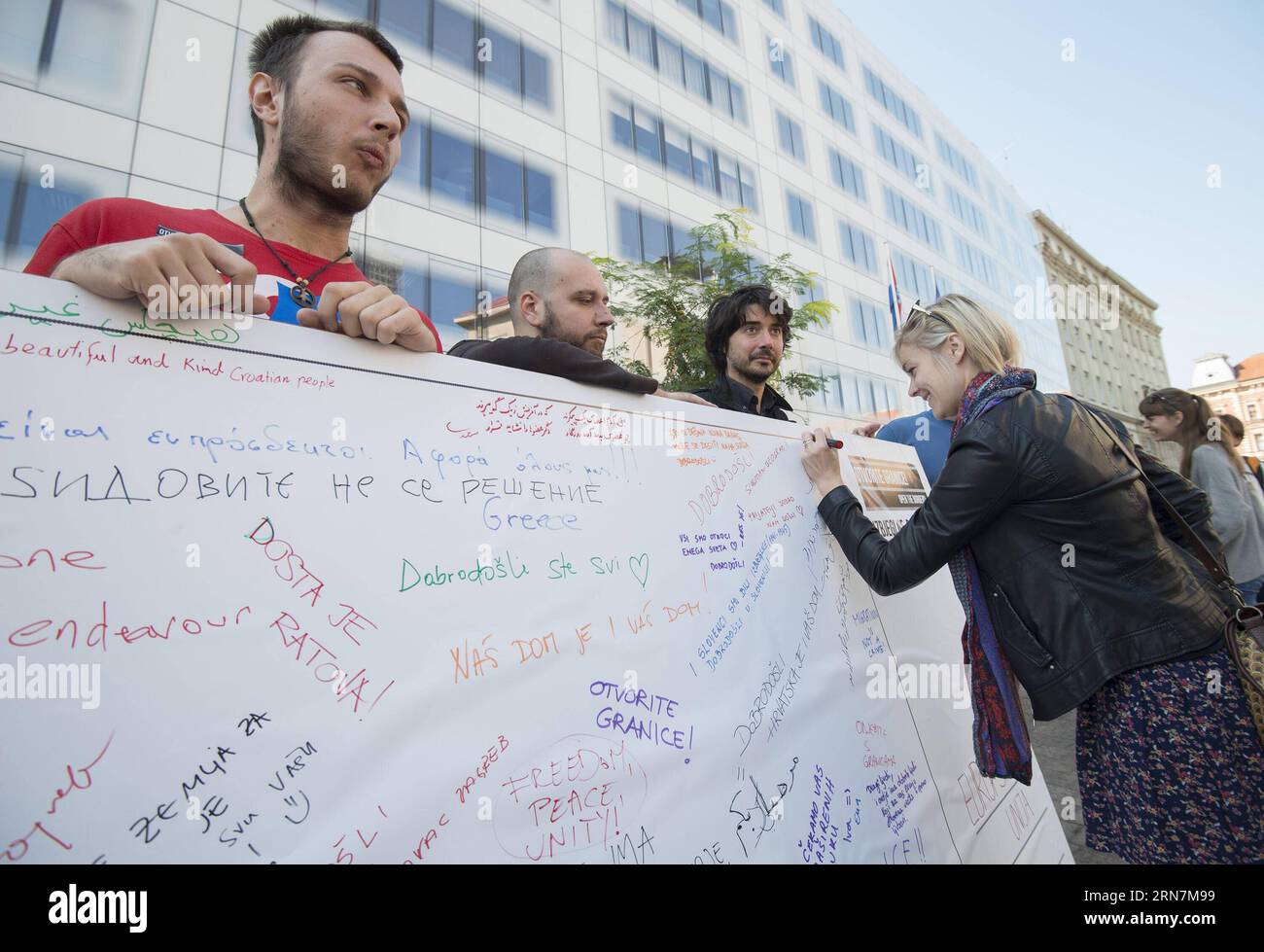 (150912) -- ZAGREB, Sept. 12, 2015 -- Croatian peace activists stage a rally in Europe Square in downtown Zagreb, capital of Croatia, Sept. 12, 2015. The rally was held within the RefugeesWelcome mobilizations on Saturday throughout Europe. ) CROATIA-ZAGREB-REFUGEES-WELCOME DAY MisoxLisanin PUBLICATIONxNOTxINxCHN   Zagreb Sept 12 2015 Croatian Peace activists Stage a Rally in Europe Square in Downtown Zagreb Capital of Croatia Sept 12 2015 The Rally what Hero Within The  mobilizations ON Saturday throughout Europe Croatia Zagreb Refugees Welcome Day MisoxLisanin PUBLICATIONxNOTxINxCHN Stock Photo