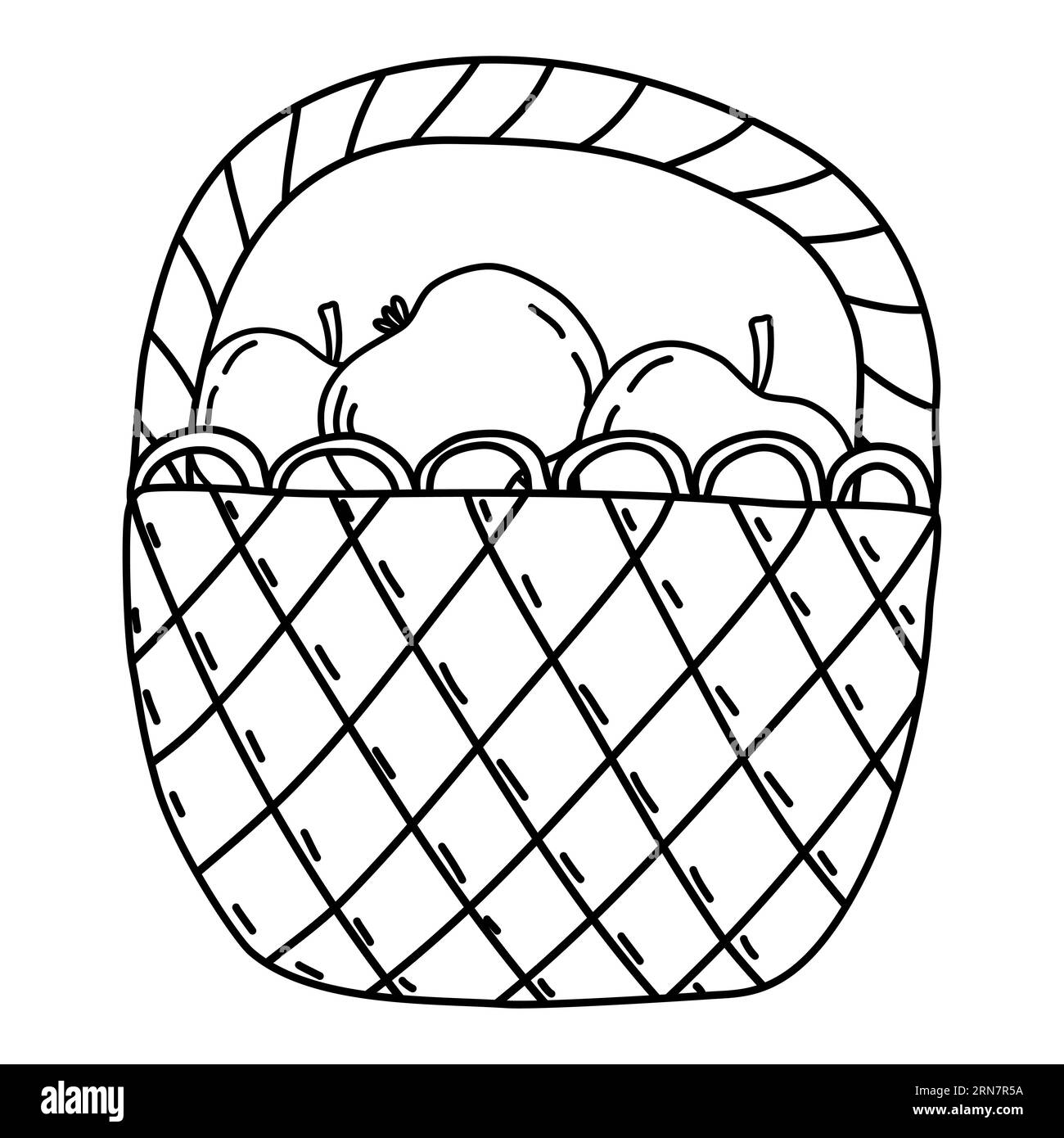 Wicker basket full of ripe apples, autumn harvest, doodle style flat vector outline illustration for kids coloring book Stock Vector