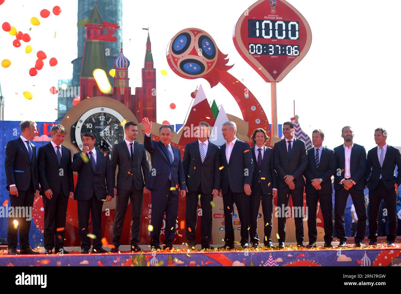 (150918) -- MOSCOW, Sept. 18, 2015 -- FIFA s director of competition Colin Smith, Russia 2018 Organizing Committee General Director Alexei Sorokin, Russian Presidential Aide Igor Levitin, goalkeeper Igor Akinfeev of the Russian men s national football team, Russia s Sport Minister, Russian Football Union President Vitaly Mutko, Russia s First Deputy Prime Minister Igor Shuvalov, Moscow Mayor Sergei Sobyanin, Alexei Smertin, former member of the Russian men s national football team, Spain s former football player Fernando Hierro, Germany s former football player Lothar Matthaus, Italy s former Stock Photo
