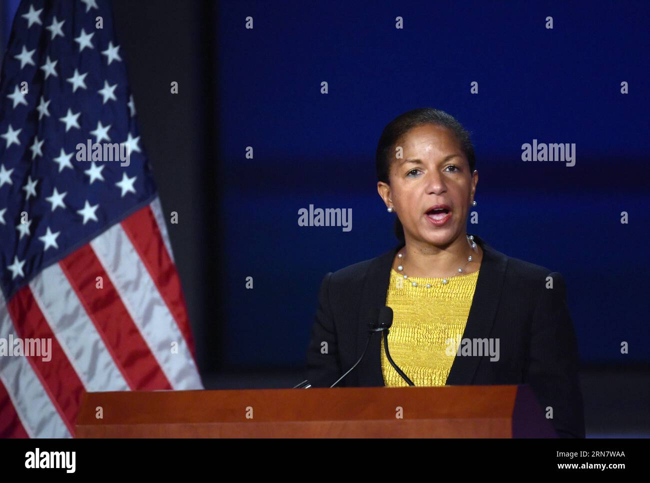 150921 -- WASHINGTON D.C., Sept. 21, 2015 -- U.S. National Security Advisor Susan Rice speaks on the U.S.-China ties at the George Washington University in Washington, D.C., the United States, Sept. 21, 2015. We reject reductive reasoning and lazy rhetoric that says conflict between the U.S. and China is inevitable, even as we ve been tough with China where we disagree, Susan Rice said here in a speech on Monday.  U.S.-WASHINGTON D.C.-CHINA-SUSAN RICE YinxBogu PUBLICATIONxNOTxINxCHN Stock Photo