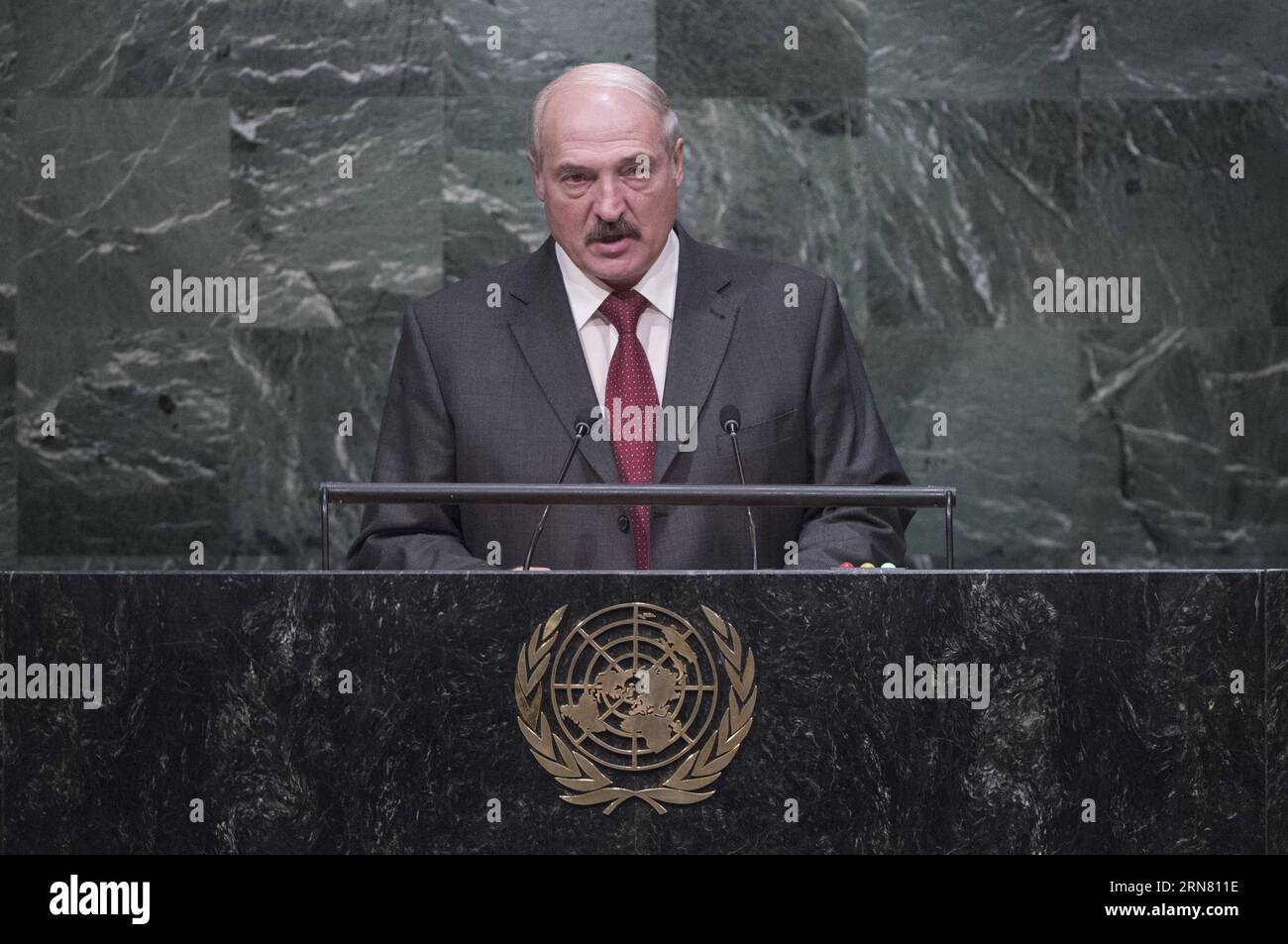 NEW YORK, Sept. 28, 2015 -- Belarusian President Alexander Lukashenko addresses the 70th session of the United Nations General Assembly at the UN headquarters in New York Sept. 28, 2015. The UN General Assembly general debate kicked off in New York on Monday.  UN-NEW YORK-GENERAL DEBATE Xinhua/UNxPhoto/AmandaxVoisard PUBLICATIONxNOTxINxCHN Stock Photo