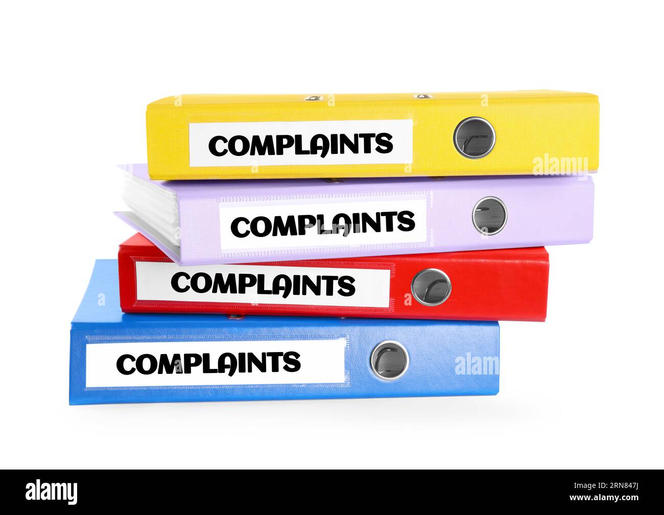 Colorful folders with Complaints labels on white background Stock Photo