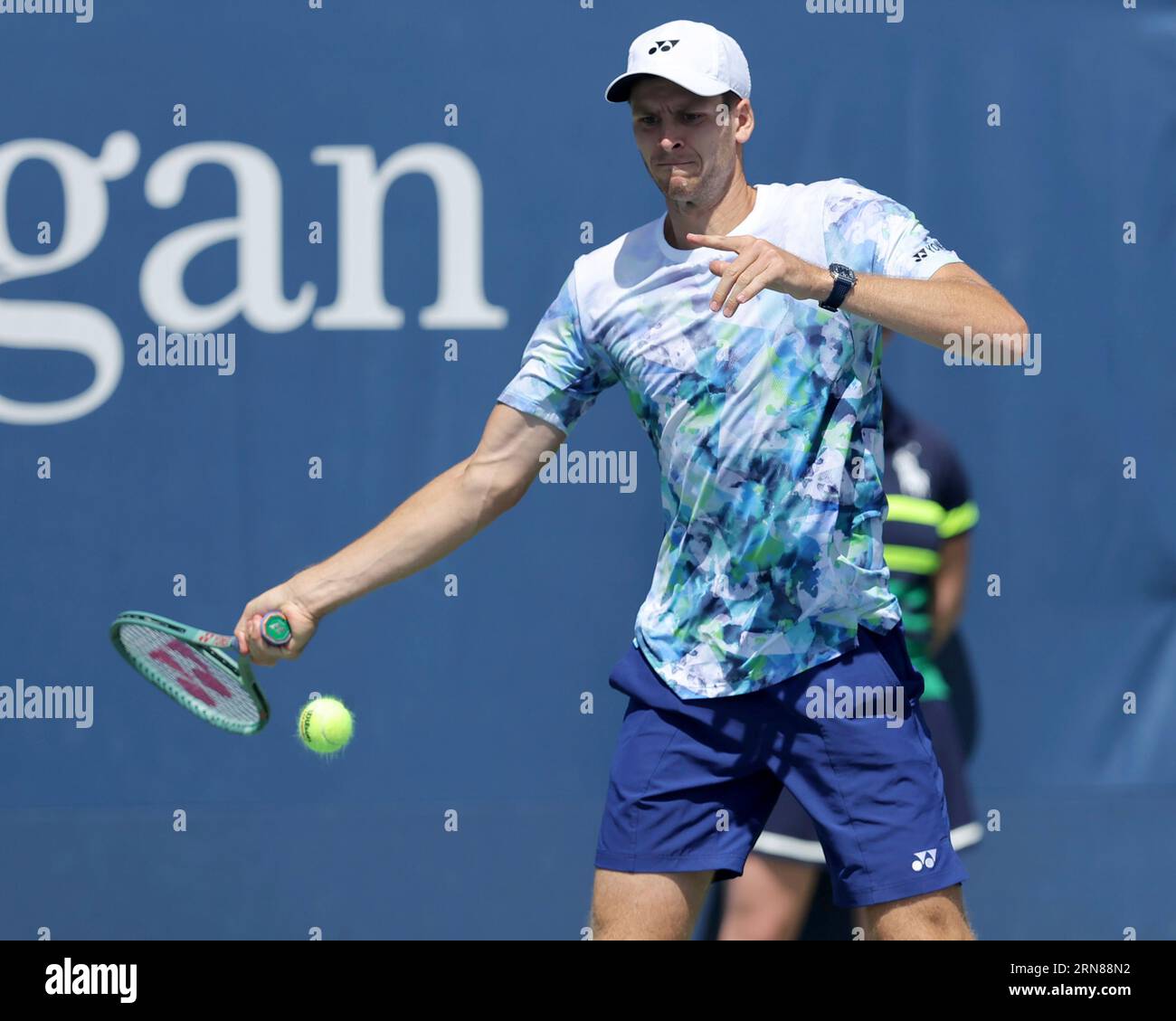 Hubert Hurkacz in action during a mens singles match at the 2023 US Open, Thursday, Aug