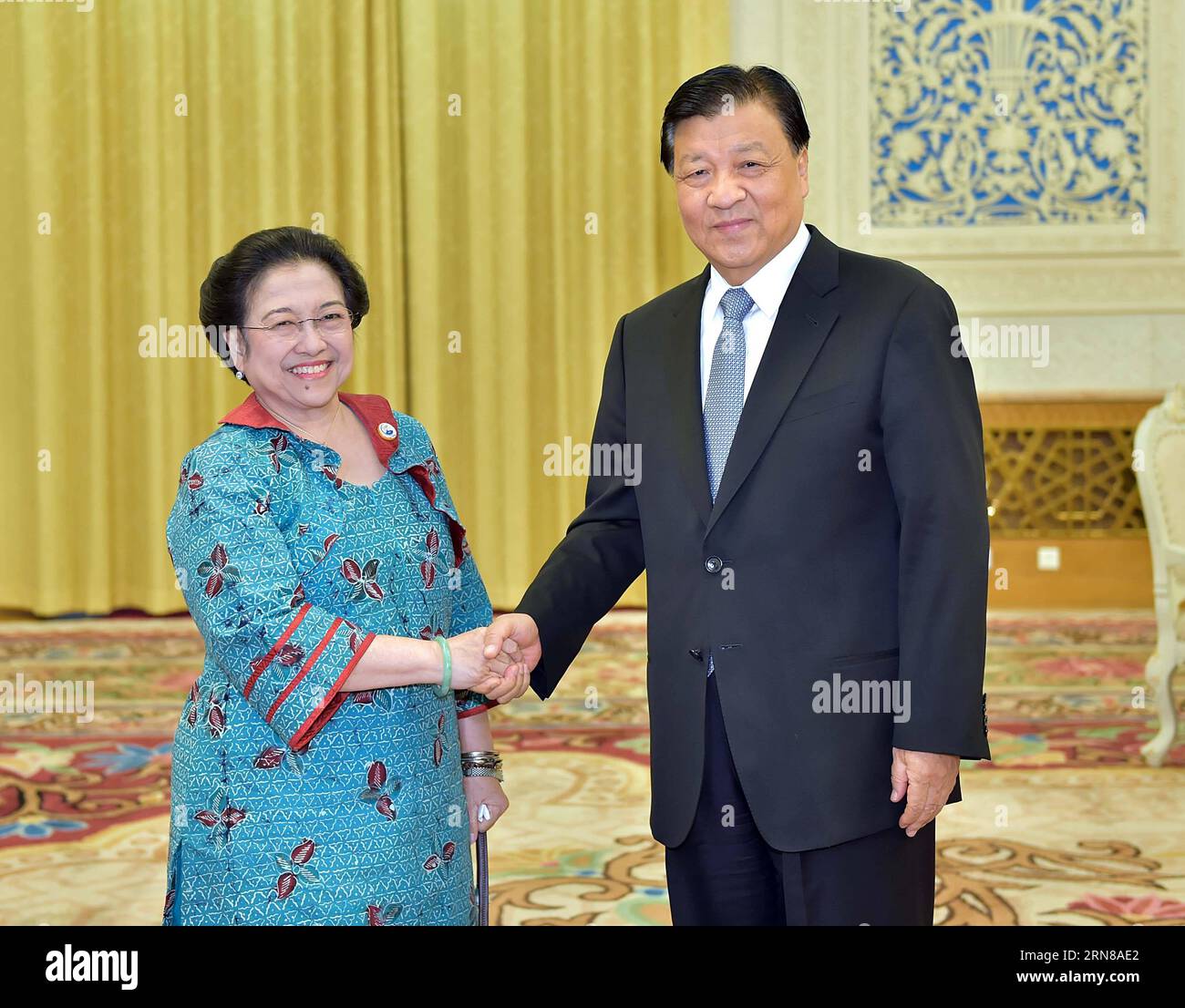 (151014) -- BEIJING, Oct. 14, 2015 -- Liu Yunshan (R), a member of the Standing Committee of the Political Bureau of the Communist Party of China (CPC) Central Committee, meets with former Indonesian President Megawati Soekarnoputri in Beijing, capital of China, Oct. 14, 2015. ) (yxb) CHINA-BEIJING-LIU YUNSHAN-INDONESIA-MEETING (CN) LixTao PUBLICATIONxNOTxINxCHN   151014 Beijing OCT 14 2015 Liu Yunshan r a member of The thing Committee of The Political Bureau of The Communist Party of China CPC Central Committee Meets With Former Indonesian President Megawati Soekarnoputri in Beijing Capital o Stock Photo