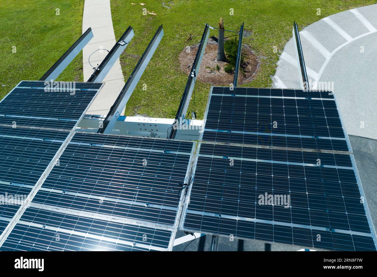 Destroyed by hurricane wind photovoltaic solar panels mounted on