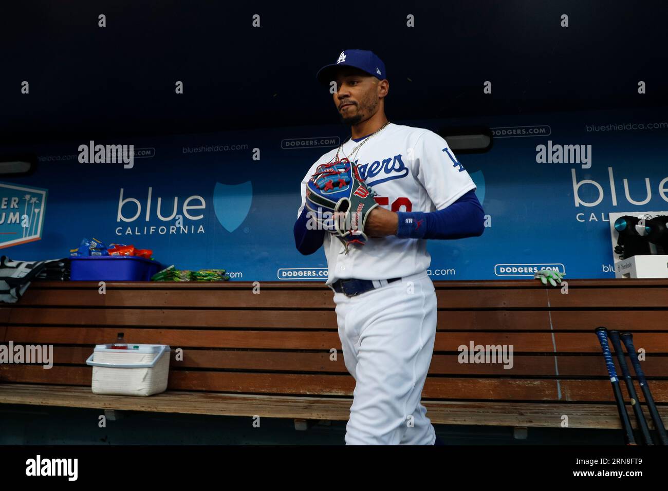 Los Angeles Dodgers second basemen Mookie Betts (50) in the dugout prior to a regular season game between the Arizona Diamondbacks and Los Angeles Dod Stock Photo