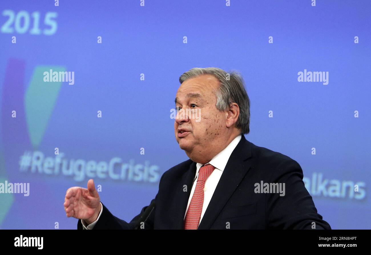 The UN s High Commissioner for Refugees Antonio Guterres speaks during a press conference at the end of the special EU summit with Western Balkan nations situated along the migrant routes into Europe in Brussels, Belgium, on Oct. 26, 2015. The European Union (EU) and Balkan countries are seeking further cooperation on tackling migrant crisis at a mini summit held here on Sunday. Zhou Lei) BELGIUM-EU SPECIAL SUMMIT-REFUGEE-WESTERN BALKAN ?? PUBLICATIONxNOTxINxCHN   The UN S High Commissioner for Refugees Antonio Guterres Speaks during a Press Conference AT The End of The Special EU Summit With Stock Photo