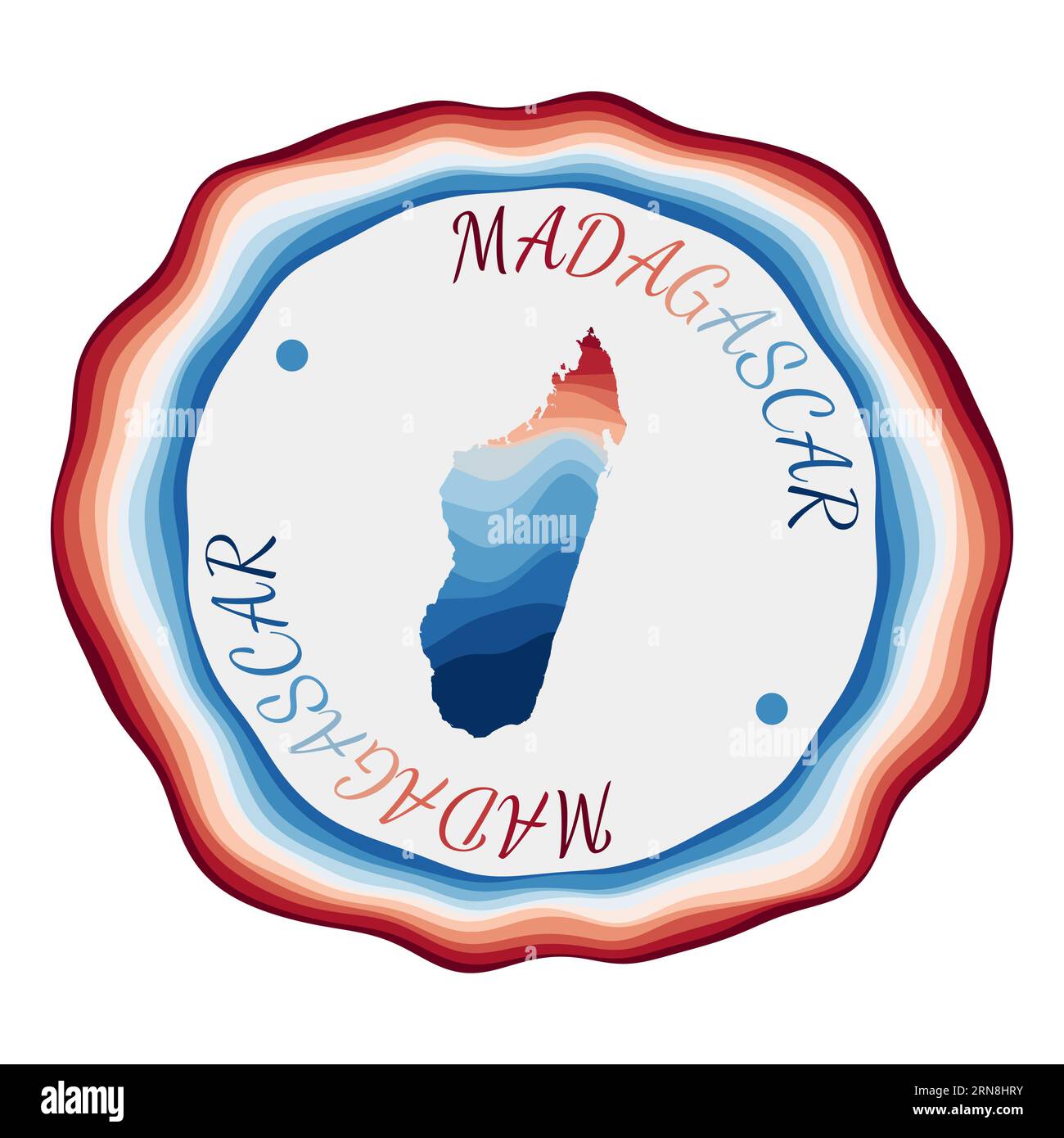 Madagascar badge. Map of the country with beautiful geometric waves and vibrant red blue frame. Vivid round Madagascar logo. Vector illustration. Stock Vector
