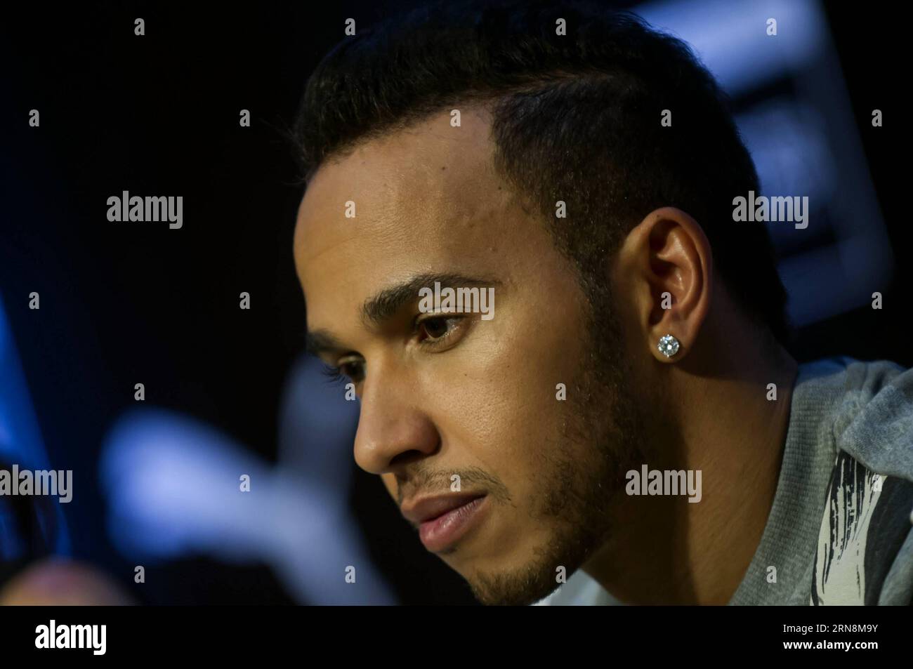 (151029) -- MEXICO CITY,  - British driver Lewis Hamilton of Mercedes team, reacts during his visit to Arena Mexico, prior to the F1 Mexican Grand Prix, in Mexico City, capital of Mexico, on Oct. 28, 2015. According to local press, Lewis Hamilton visited on Wednesday the Arena Mexico, where he watched a wrestling exhibition and played a match of table football at the ring with Mexican soccer player Oribe Peralta. The F1 Mexican Grand Prix will be held from Oct. 30 to Nov. 1, in Mexico City. ) (SP)MEXICO-MEXICO CITY-AUTOMOBILE-F1 OSCARxRAMIREZ PUBLICATIONxNOTxINxCHN   Mexico City British Driver Stock Photo