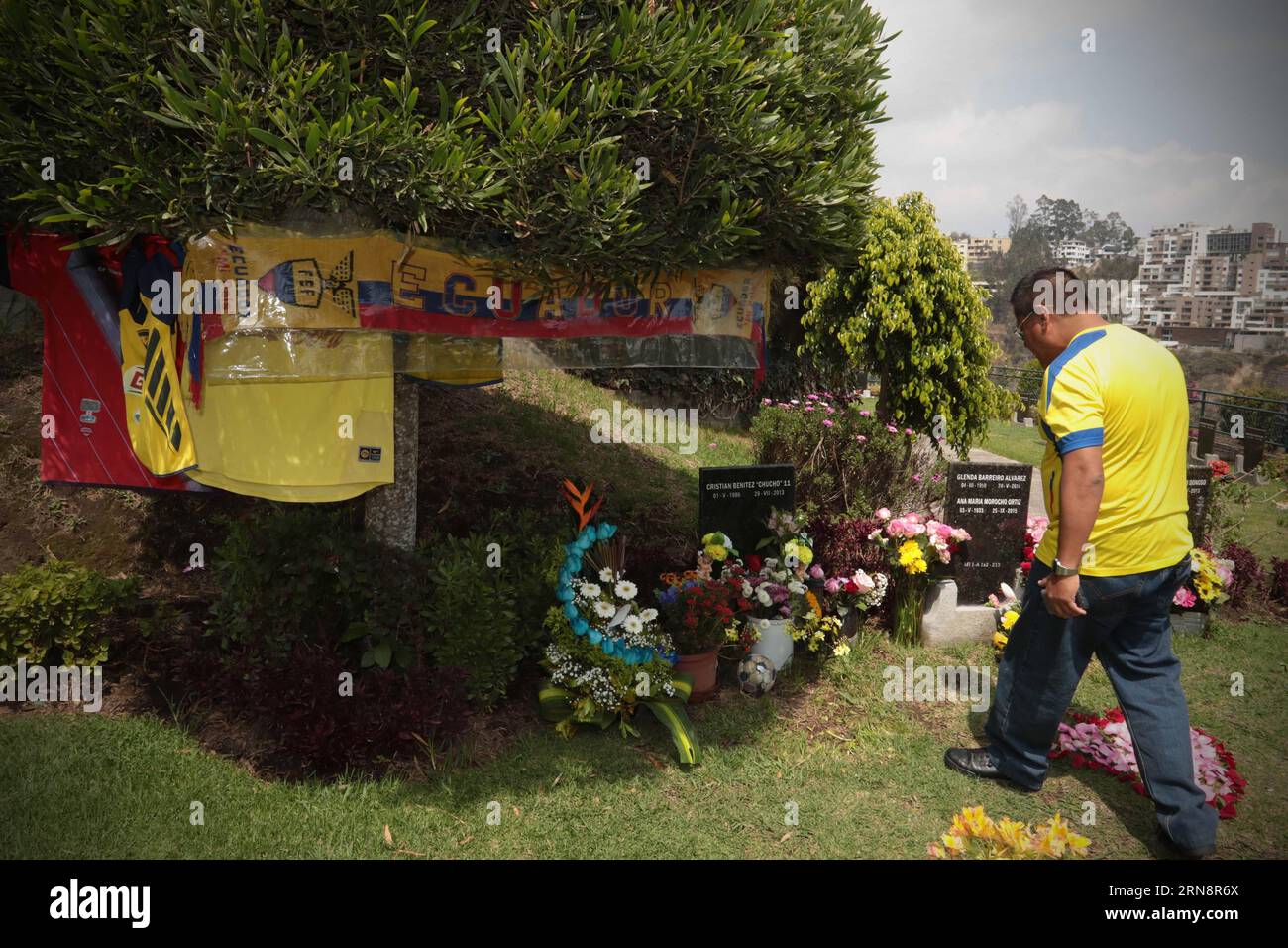 A man watches the tomb of former player of the Ecuadorian national soccer team, Cristian El Chucho Benitez, in commemoration of the Day of the Dead in the cemetery of Mount Olive in Quito city, capital of Ecuador, on Nov. 2, 2015. People go to the cemeteries of the country to visit their dead relatives on occasion of All Saints Day and the Day of the Dead, that are commemorated on Nov. 1 and 2, respectively. ) (da) (sp) ECUADOR-QUITO-ALL SAINTS DAY-DAY OF THE DEAD-COMMEMORATION SANTIAGOxARMAS PUBLICATIONxNOTxINxCHN   a Man Watches The Tomb of Former Player of The Ecuadorian National Soccer Tea Stock Photo