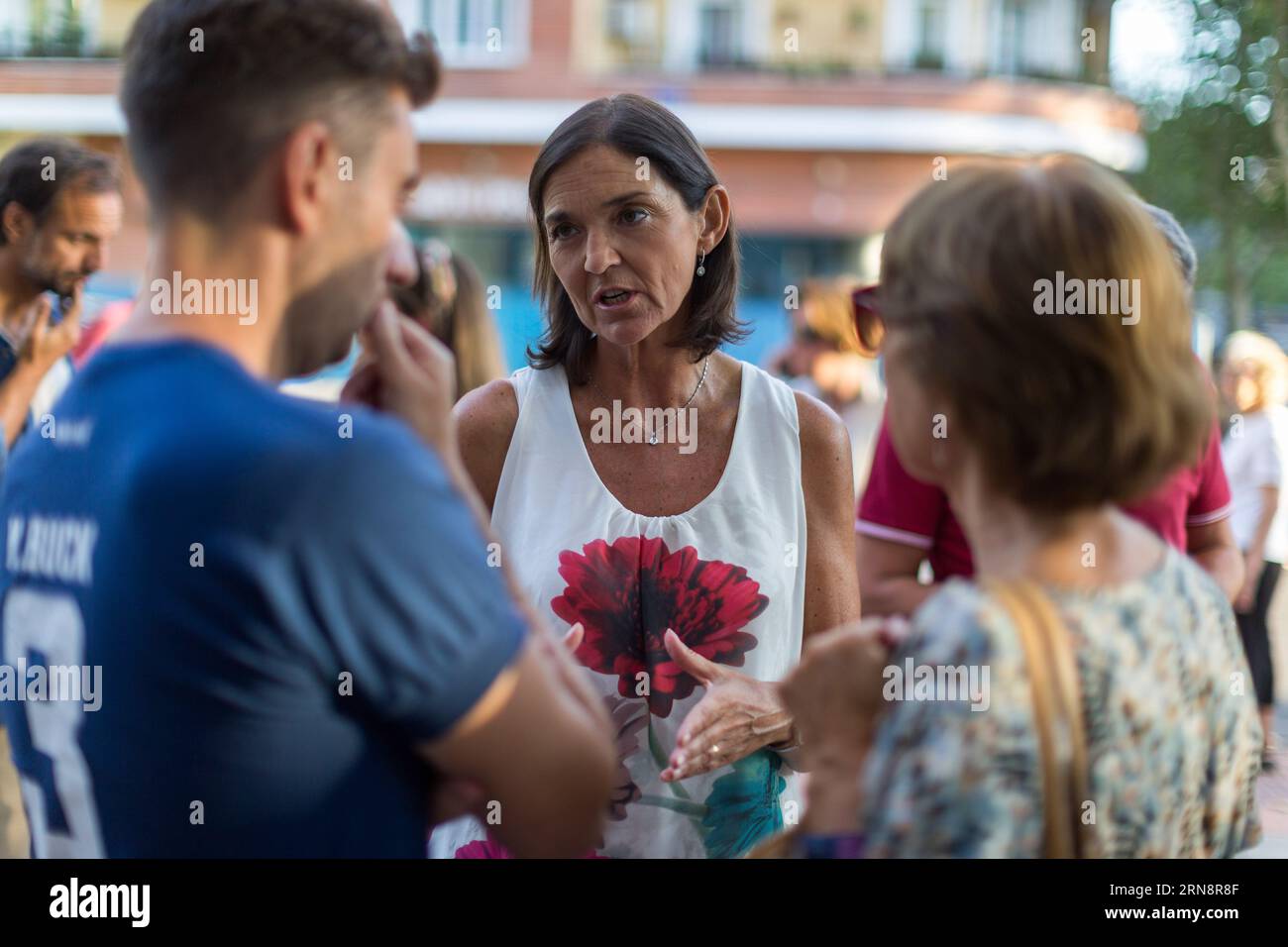 Madrid, Spain. 31st Aug, 2023. Reyes Maroto, spokesman for the Municipal Socialist Group in the Madrid City Council (center), speaks with residents, during a demonstration organized by residents fighting against the felling of 1,027 trees that the government of Isabel Diaz Ayuso intends to carry out to expand the line 11 of the Madrid Metro. (Photo by Luis Soto/SOPA Images/Sipa USA) Credit: Sipa USA/Alamy Live News Stock Photo