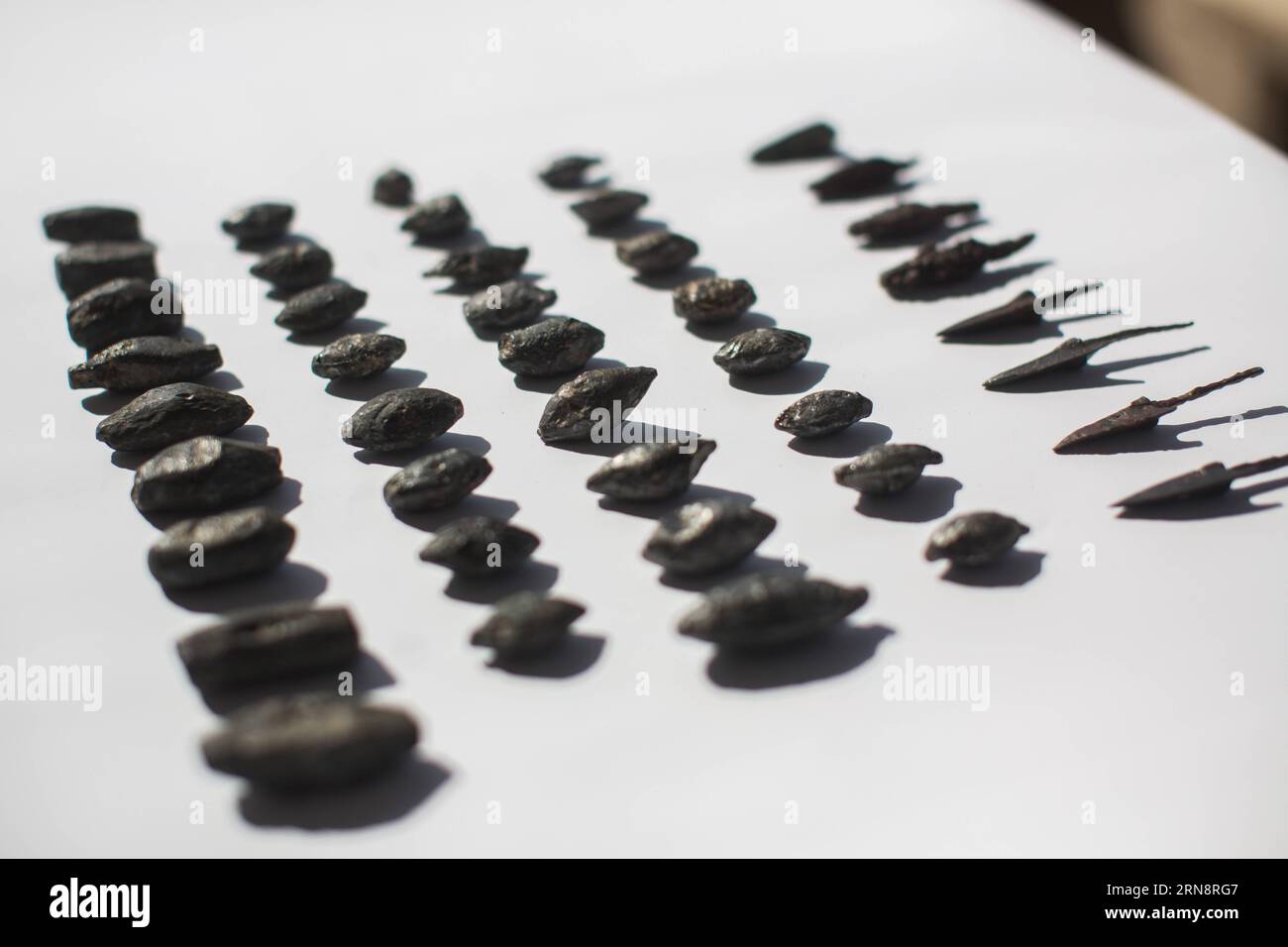 (151104) -- JERUSALEM, Nov. 3, 2015 -- Archeological findings of sling stones and arrowheads are seen at an excavation area outside the walled Old City of Jerusalem, on Nov. 3, 2015. The Israeli Antiquities Authority announced on Tuesday that archeologists apparently found the remains of an old Greek fortress, describing the discovery as a solution to one of the great archaeological riddles in the history of Jerusalem. Researchers uncovered in recent months the remains of a citadel in Jerusalem s City of David, which they believe are the remnants of Acra, a stronghold of the Greeks who control Stock Photo