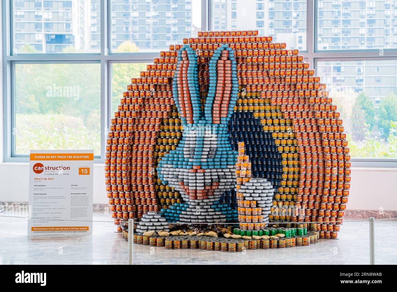 (151106) -- NEW YORK, Nov. 6, 2015 -- Cartoon character Bugs Bunny made out of food cans is displayed at the 22nd Canstruction exhibition in New York, Nov. 6, 2015. Works by winners of the 22nd Annual Canstruction International Design Competition are displayed in the Brookfield Place in downtown Manhattan. The exhibition features sculptures made entirely of unopened canned food. More than 1,200 local winners from 125 cities around the world participated in the competition. The canned food used in the exhibition will be donated to a local food bank responsible for feeding more than one million Stock Photo
