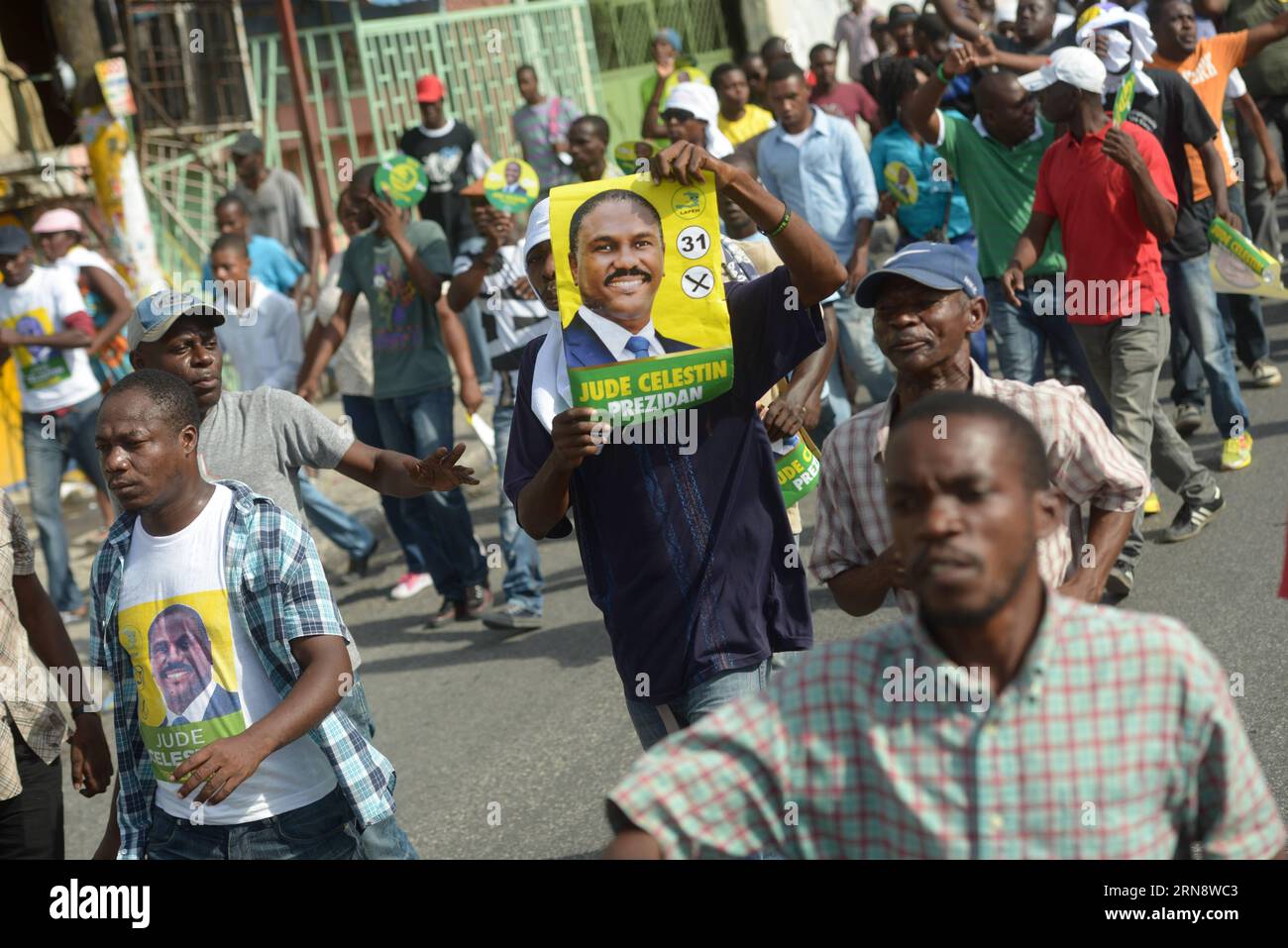 (151107) -- PORT-AU-PRINCE, Nov. 6, 2015 -- People take part in a rally against the results of the presidential elections in Port-Au-Prince, Haiti, on Nov. 6, 2015. Residents took to the streets of the Haitian capital on Friday to express rejection to the results of the last presidential elections, while the government reaffirmed its support to the electoral process and guaranteed that it will keep the order in the country. Supporters of Celestin and Jean-Charles, second and third according to the counting of the votes, marched in the Delmas municipality, northeast of Port-Au-Prince, where som Stock Photo