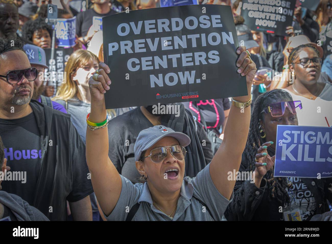 On International Overdose Awareness Day -August 31, 2023- New Yorkers dedicated to overdose prevention from Housing Works, Bailey House, Truth Pharm, ACTUP-NY, Harm Reduction Coalition, and other members of the End Overdose NY campaign organized a demonstration and civil disobedience resulting in 16 arrests outside U.S. Attorney for the Southern District of New York, Damian Williams' office in Manhattan, to demand Governor Hochul to authorize overdose prevention centers, to protect and expand this lifesaving resource for New Yorkers.(Photo by Erik McGregor/Sipa USA) Stock Photo