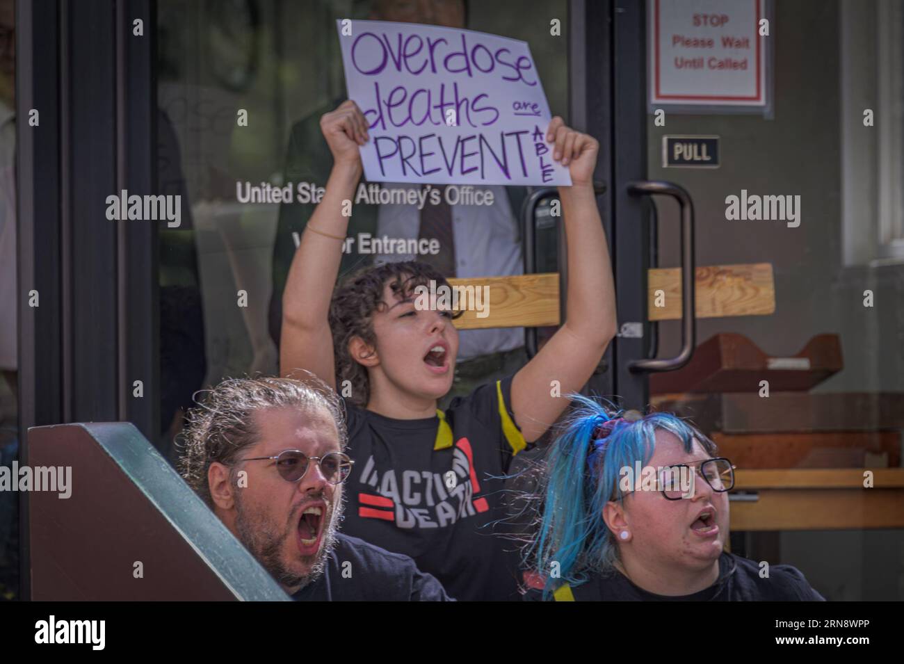 On International Overdose Awareness Day -August 31, 2023- New Yorkers dedicated to overdose prevention from Housing Works, Bailey House, Truth Pharm, ACTUP-NY, Harm Reduction Coalition, and other members of the End Overdose NY campaign organized a demonstration and civil disobedience resulting in 16 arrests outside U.S. Attorney for the Southern District of New York, Damian Williams' office in Manhattan, to demand Governor Hochul to authorize overdose prevention centers, to protect and expand this lifesaving resource for New Yorkers.(Photo by Erik McGregor/Sipa USA) Stock Photo