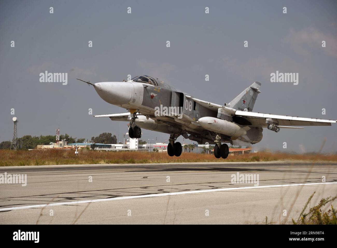 (151124) -- LATAKIA, Nov. 24, 2015 -- Photo taken on Oct. 21, 2015 shows Russian Sukhoi Su-24 taking off from the Hmeymim airbase in the Latakia province, Syria. The Russian Defense Ministry on Tuesday confirmed that a Su-24 warplane crashed in Syria. Sputnik) (zjy) SYRIA-RUSSIA-SU-24-DOWN DaixTianfang PUBLICATIONxNOTxINxCHN   151124 Latakia Nov 24 2015 Photo Taken ON OCT 21 2015 Shows Russian Sukhoi SU 24 Taking off from The Hmeymim Airbase in The Latakia Province Syria The Russian Defense Ministry ON Tuesday confirmed Thatcher a SU 24 Warplane Crashed in Syria Sputnik zjy Syria Russia SU 24 Stock Photo