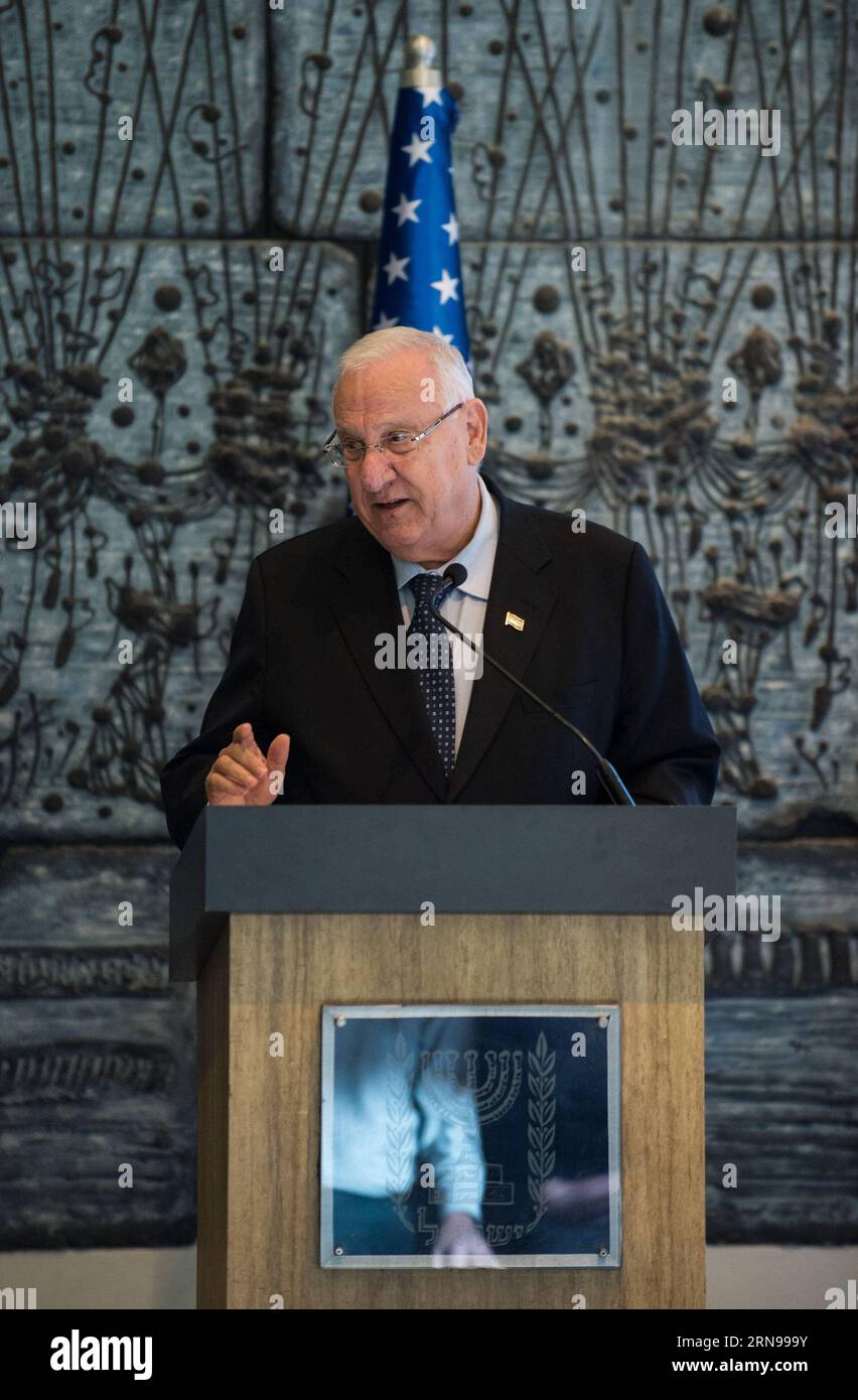 (151124) -- JERUSALEM, Nov. 24, 2015 -- Israeli President Reuven Rivlin addresses a press conference with visiting U.S. Secretary of State John Kerry (not in photo) at the President s Residence in Jerusalem, on Nov. 24, 2015. Kerry arrived here on Tuesday morning to pay a one-day visit to Israel and the West Bank in hopes of curtailing the two-month long wave of violence. ) (djj) MIDEAST-JERUSALEM-ISRAEL-RIVLIN-U.S.-KERRY-MEETING LixRui PUBLICATIONxNOTxINxCHN   151124 Jerusalem Nov 24 2015 Israeli President Reuven Rivlin addresses a Press Conference With Visiting U S Secretary of State John Ke Stock Photo