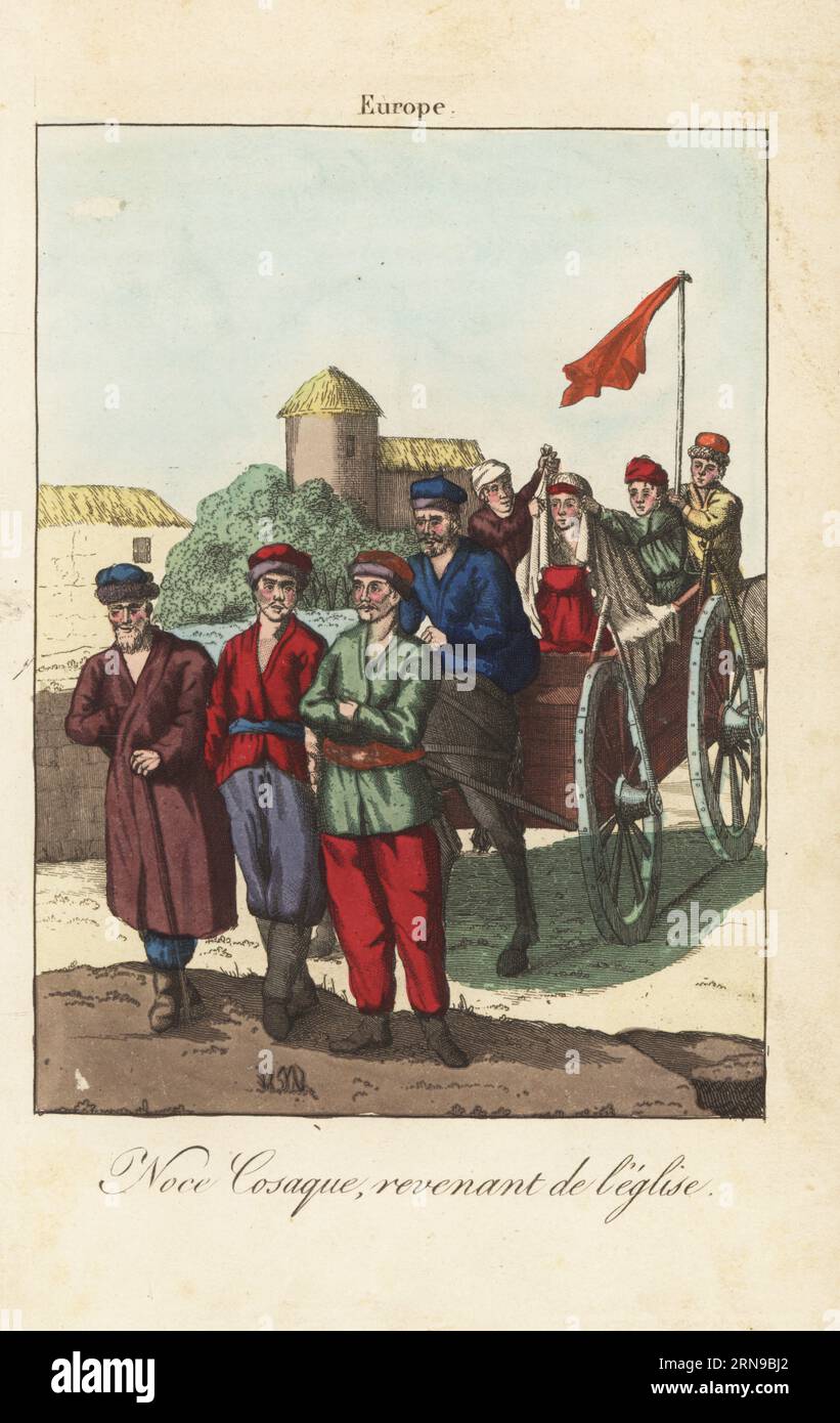 Ural Cossack bride and groom leaving church after their wedding. The bride rides in an open carriage, her face covered with veils. The groom and his parents walk in front while a rider hoists a red flag behind. Noce Cosaque, revenant de l'eglise. Handcoloured copperplate engraving from A. Antoine de Saint-Gervais’s Album des Peuples, ou Collection de Tableaux, Album of Peoples, or Collection of Paintings, J. Langlume et Peltier, Paris, 1835. Reprinted from Moeurs et coutumes des Peuples, Hocquart, 1811. Stock Photo