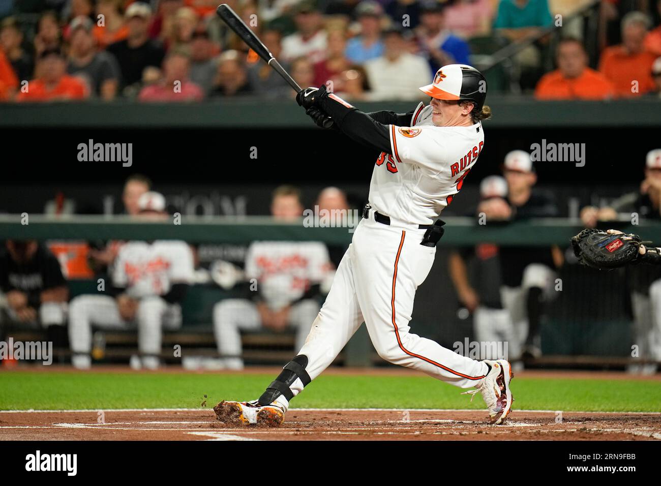 Baltimore Orioles' Adley Rutschman follows through on a swing against the  Toronto Blue Jays during the third inning of the second game of a baseball  doubleheader, Monday, Sept. 5, 2022, in Baltimore. (