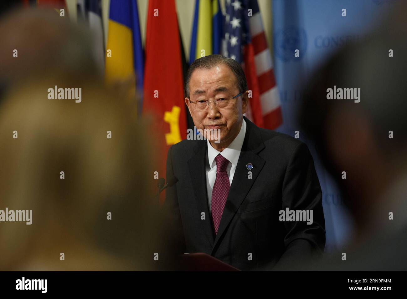 (151203) -- NEW YORK, Dec. 3, 2015 -- United Nations Secretary-General Ban Ki-moon speaks to journalists at the UN headquarters in New York, Dec. 3, 2015. On the International Day of Persons with Disabilities which falls on Dec. 3, UN Secretary-General Ban Ki-moon said as the world sets out to implement sustainable development agenda, persons with disabilities must be recognized as effective agents of change whose contributions bring enormous benefit. ) UN-COP21-BAN KI-MOON-PRESS CONFERENCE LixMuzi PUBLICATIONxNOTxINxCHN   151203 New York DEC 3 2015 United Nations Secretary General Ban KI Moon Stock Photo