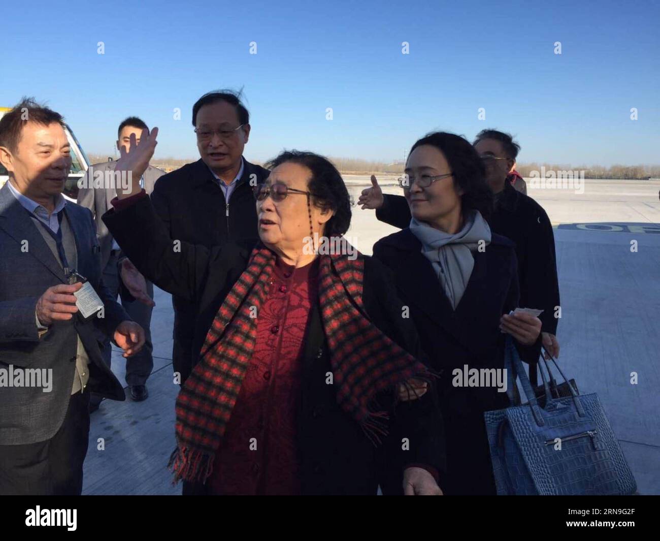 (151204) -- BEIJING, Dec. 4, 2015 -- Chinese herbal expert Tu Youyou (Front) leaves for Sweden to accept the Nobel Prize in Physiology or Medicine at the Beijing Capital International Airport in Beijing, capital of China, Dec. 4, 2015. Tu was awarded a share of the 2015 Nobel Prize in Physiology or Medicine for her contribution in the discovery of Artemisinin, a drug that has significantly reduced the mortality rates for malaria patients. China State Administration of Traditional Chinese Medicine) (wyo) CHINA-BEIJING-TU YOUYOU-NOBEL PRIZE-ACCEPTANCE (CN) JinxLiwang PUBLICATIONxNOTxINxCHN   151 Stock Photo