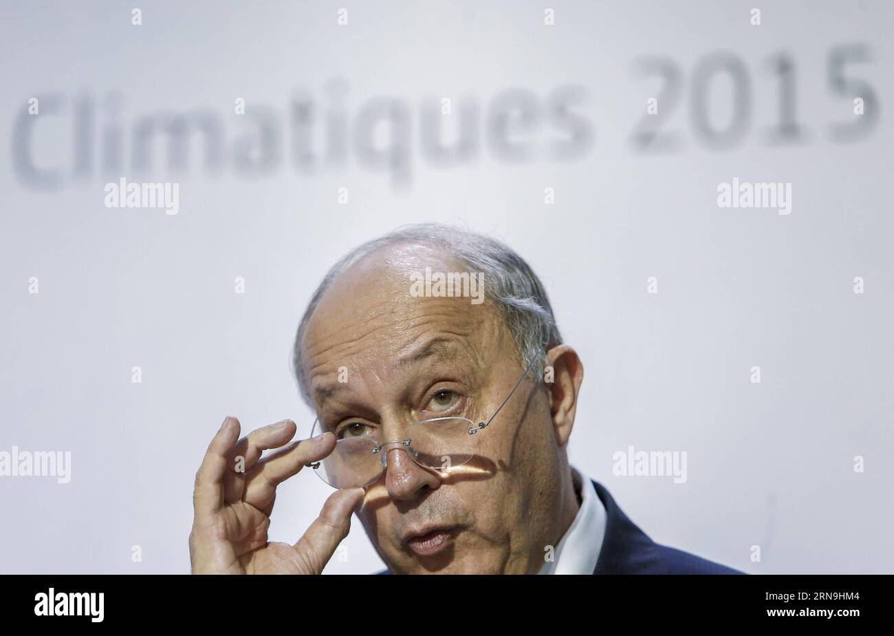 (151207) -- PARIS, Dec. 7, 2015 -- Laurent Fabius, French Minister of Foreign Affairs and Chair of the Paris Climate Change Conference (COP21/CMP11), speaks at a press conference during Paris Climate Change Conference at Le Bourget on the northern suburbs of Paris, France, Dec. 7, 2015. The ministers from all over the world met at the Paris Climate Change Conference, giving final push for the new global climate agreement. The Paris agreement is expected to be the second legally-binding instrument under the United Nations Framework Convention on Climate Change, a treaty which obliges developed Stock Photo