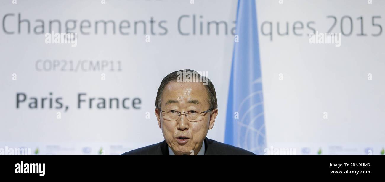 (151207) -- PARIS, Dec. 7, 2015 -- UN Secretary-General Ban Ki-moon speaks at a press conference during Paris Climate Change Conference at Le Bourget on the northern suburbs of Paris, France, Dec. 7, 2015. The ministers from all over the world met at the Paris Climate Change Conference, giving final push for the new global climate agreement. The Paris agreement is expected to be the second legally-binding instrument under the United Nations Framework Convention on Climate Change, a treaty which obliges developed countries to take the lead in cutting carbon emission and providing financial supp Stock Photo