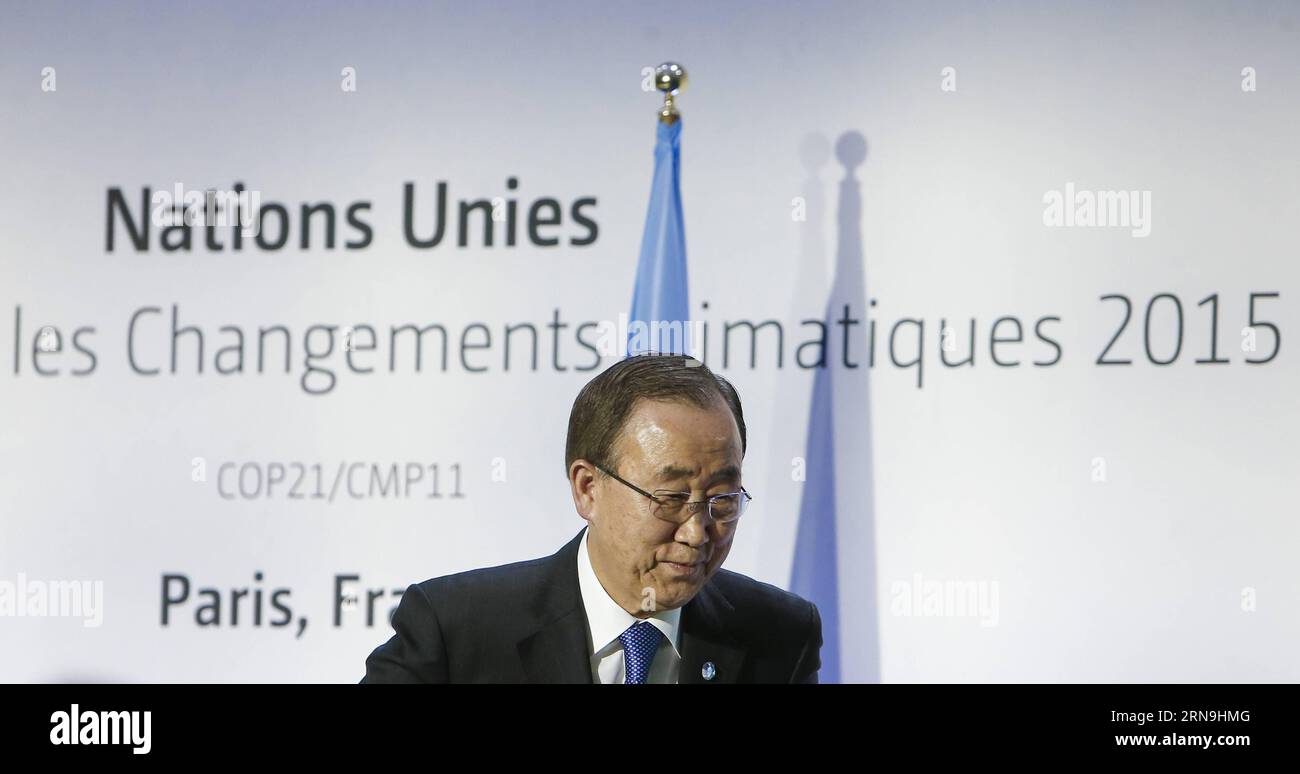 (151207) -- PARIS, Dec. 7, 2015 -- UN Secretary-General Ban Ki-moon speaks at a press conference during Paris Climate Change Conference at Le Bourget on the northern suburb of Paris, France, Dec. 7, 2015. The ministers from all over the world met at the Paris Climate Change Conference, giving final push for the new global climate agreement. The Paris agreement is expected to be the second legally-binding instrument under the United Nations Framework Convention on Climate Change, a treaty which obliges developed countries to take the lead in cutting carbon emission and providing financial suppo Stock Photo