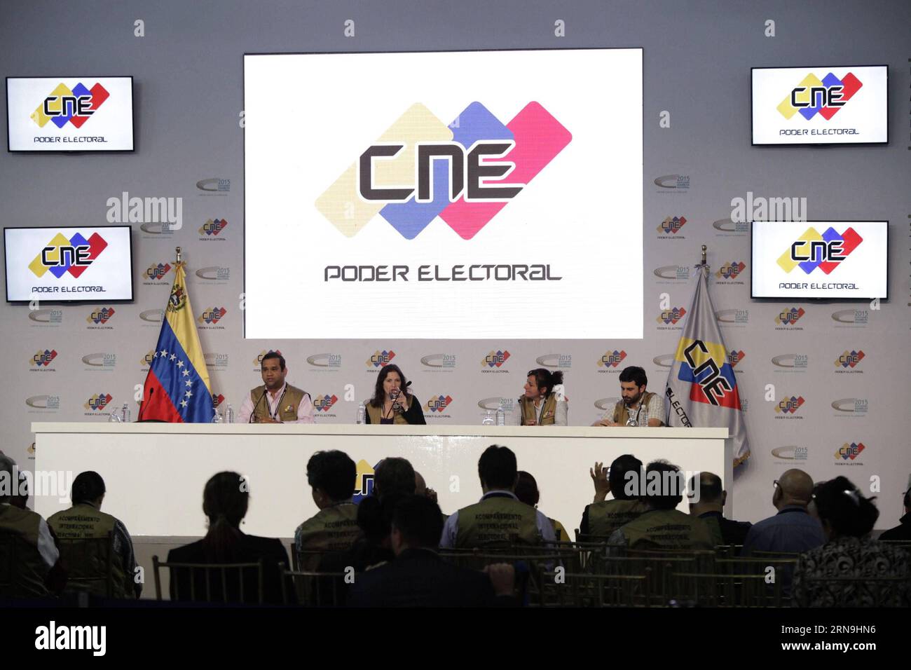 (151208) -- CARACAS, Dec. 7, 2015 -- Members of the International Observers certified by the National Electoral Council take part in a press conference in Caracas, Venezuela, on Dec. 7, 2015. The electoral authorities confirmed that at least 99 of the 167 seats in Parliament were garnered by the Democratic Unity Roundtable opposition coalition. The ruling United Socialist Party won only 46 of the declared seats. Ricardo Hern¨¢ndez/) VENEZUELA-CARACAS-POLITICS-ELECTIONS AVN PUBLICATIONxNOTxINxCHN   151208 Caracas DEC 7 2015 Members of The International OBSERVERS Certified by The National Electo Stock Photo