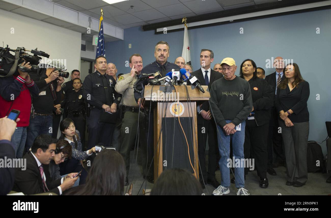 (151215) -- LOS ANGELES, Dec. 15, 2015 -- Los Angeles police chief Charlie Beck speaks to the media, in Los Angeles, the United States, on Dec. 15, 2015. All Los Angeles Unified School District (LAUSD) schools will stay closed today in response to a reported bomb threat, Schools Superintendent Ramon Cortines said. Police said the threat was called in to a School Board member. The threat is involving backpacks and packages left at campuses. The closures applied to all LAUSD campuses, around 900 of them. Los Angeles Unified School District is the second-largest school district in United States, Stock Photo