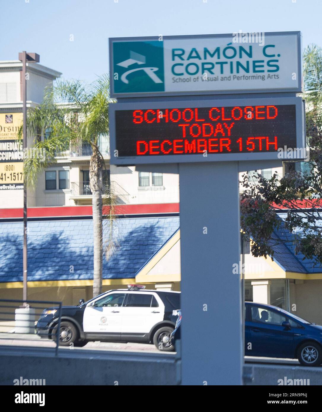 (151215) -- LOS ANGELES, Dec. 15, 2015 -- Photo taken on Dec. 15, 2015 shows a sign in front of the Ramon Cortines School of Visual and Performing Arts in Los Angeles, the United States. All Los Angeles Unified School District (LAUSD) schools will stay closed today in response to a reported bomb threat, Schools Superintendent Ramon Cortines said. Police said the threat was called in to a School Board member. The threat is involving backpacks and packages left at campuses. The closures applied to all LAUSD campuses, around 900 of them. Los Angeles Unified School District is the second-largest s Stock Photo