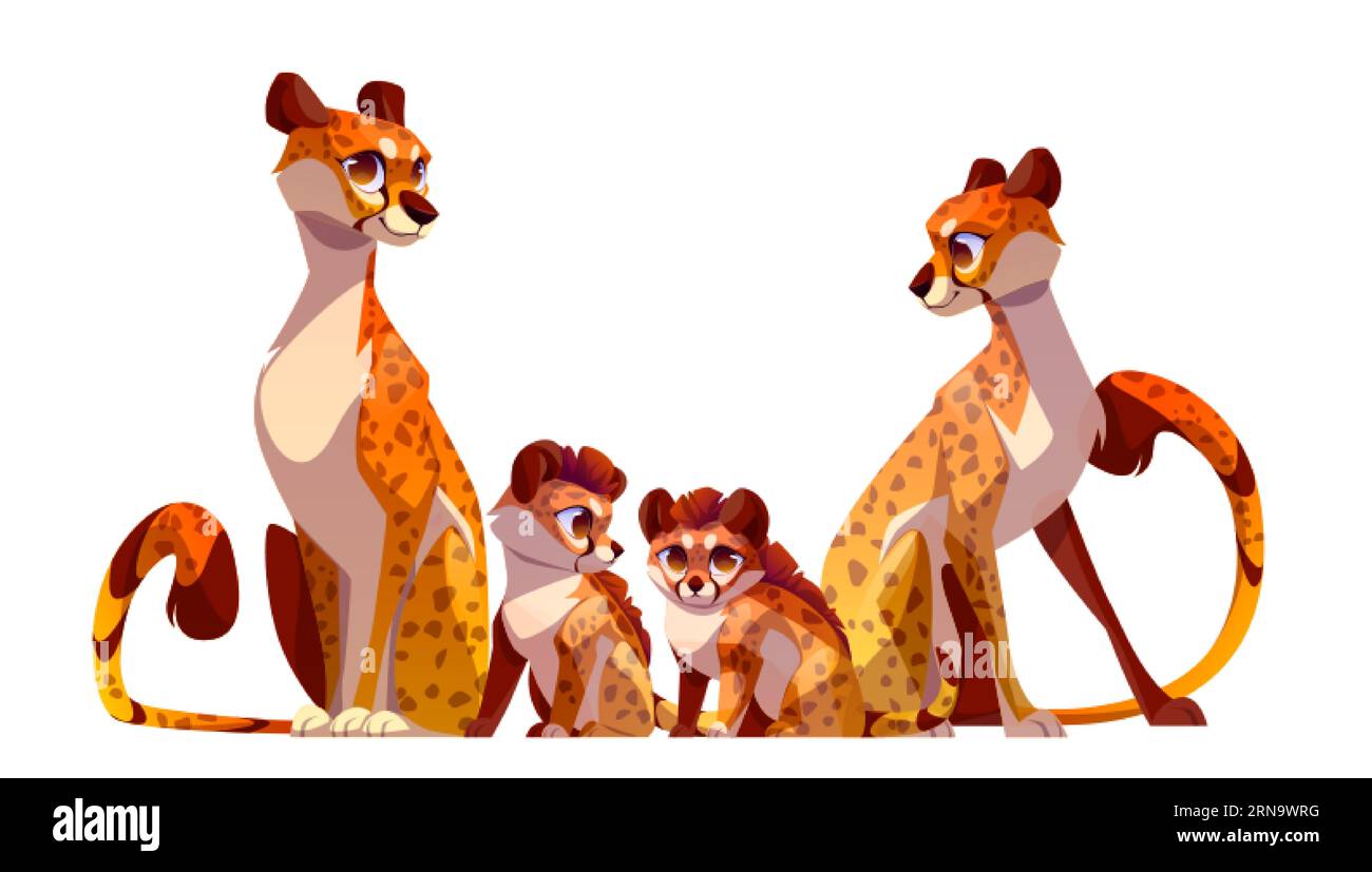 Cheetah cat family isolated vector illustration. Africa animal leopard adorable baby with adult mother and father cartoon. Exotic character game asset Stock Vector