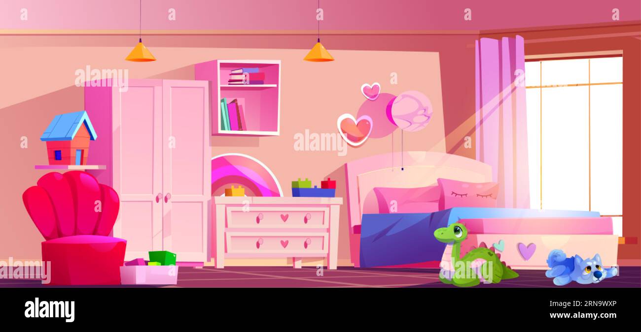 Pink wall kid bedroom interior cartoon vector background. Child ...