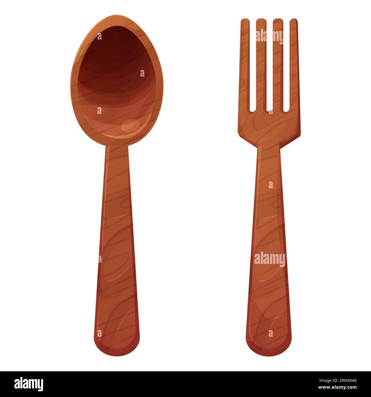Wooden spoon and fork top view cartoon style, textured soup traditional